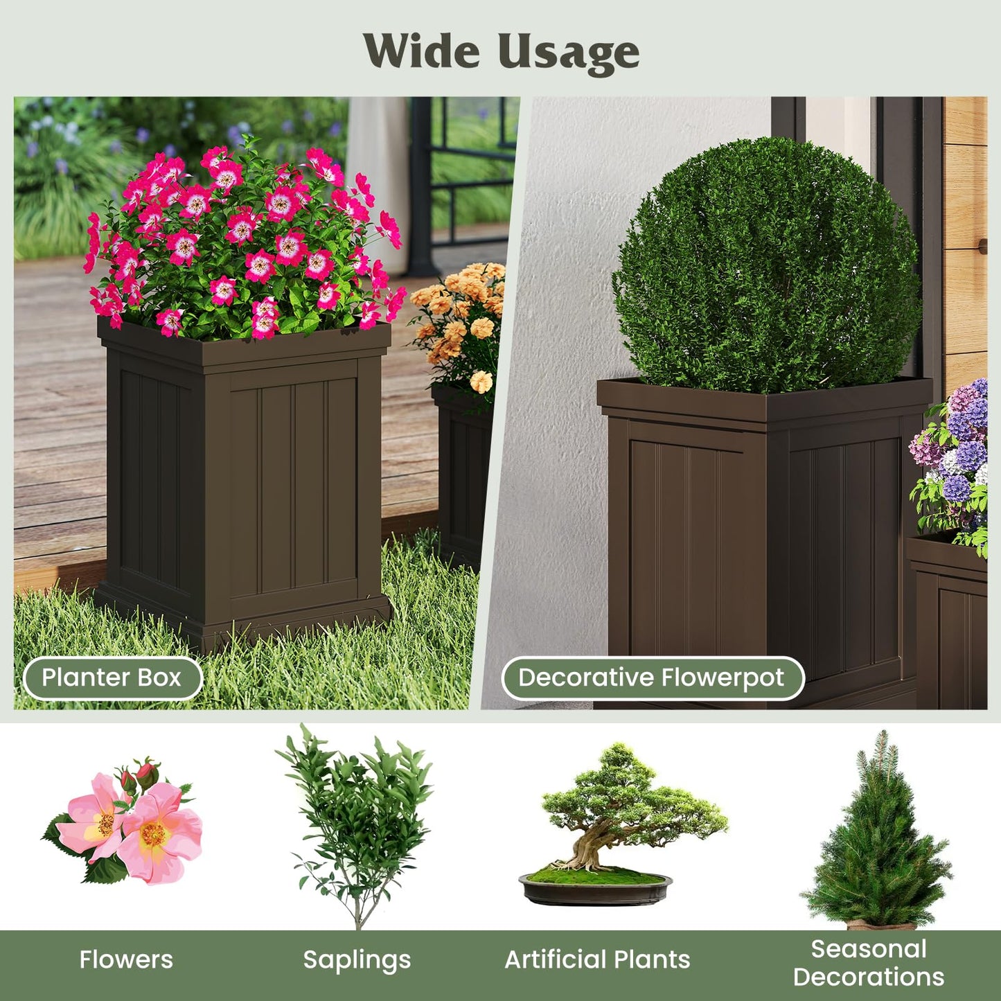 Giantex Square Plastic Planters Set of 2 48cm Large & 32cm Small Flower Pots with Drainage Holes