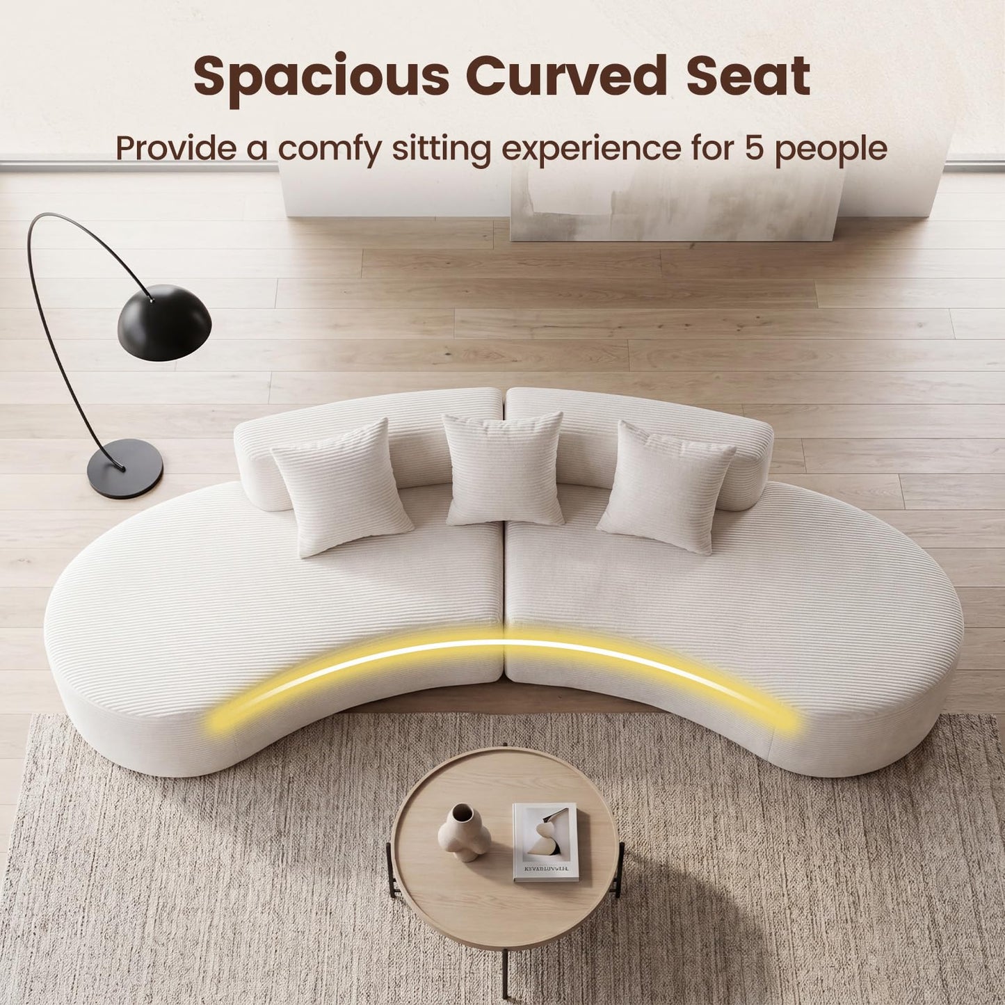 306cm Curved Sofa Couch, 5-Seater Sectional Boneless Sofa Bed with 3 Comfy Pillows