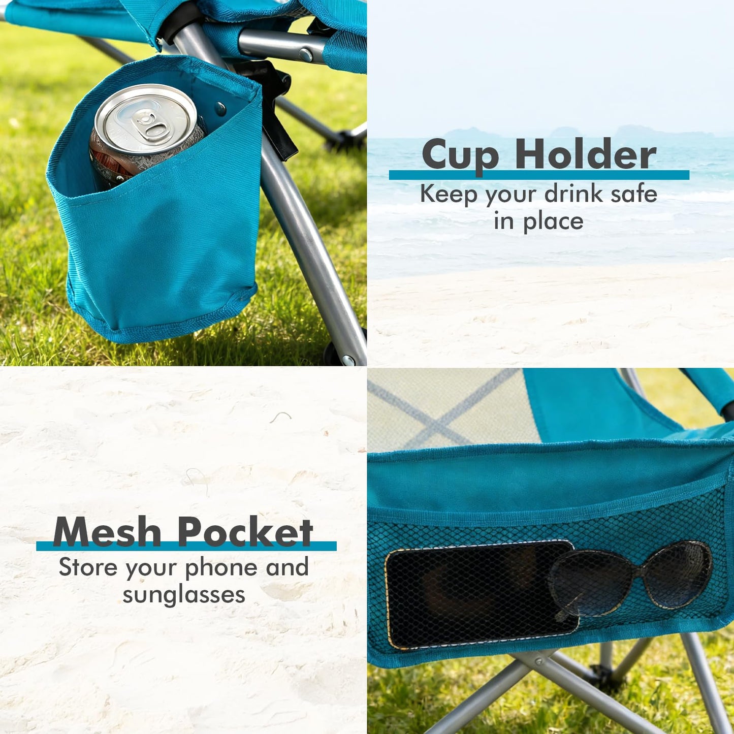 Folding Beach Chair with Padded Armrests and Storage Pocket