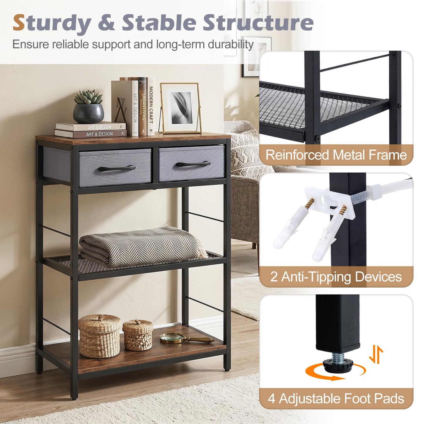 3-Tier Narrow Console Table with 2 Fabric Drawers and Open Shelves