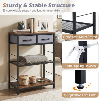3-Tier Narrow Console Table with 2 Fabric Drawers and Open Shelves
