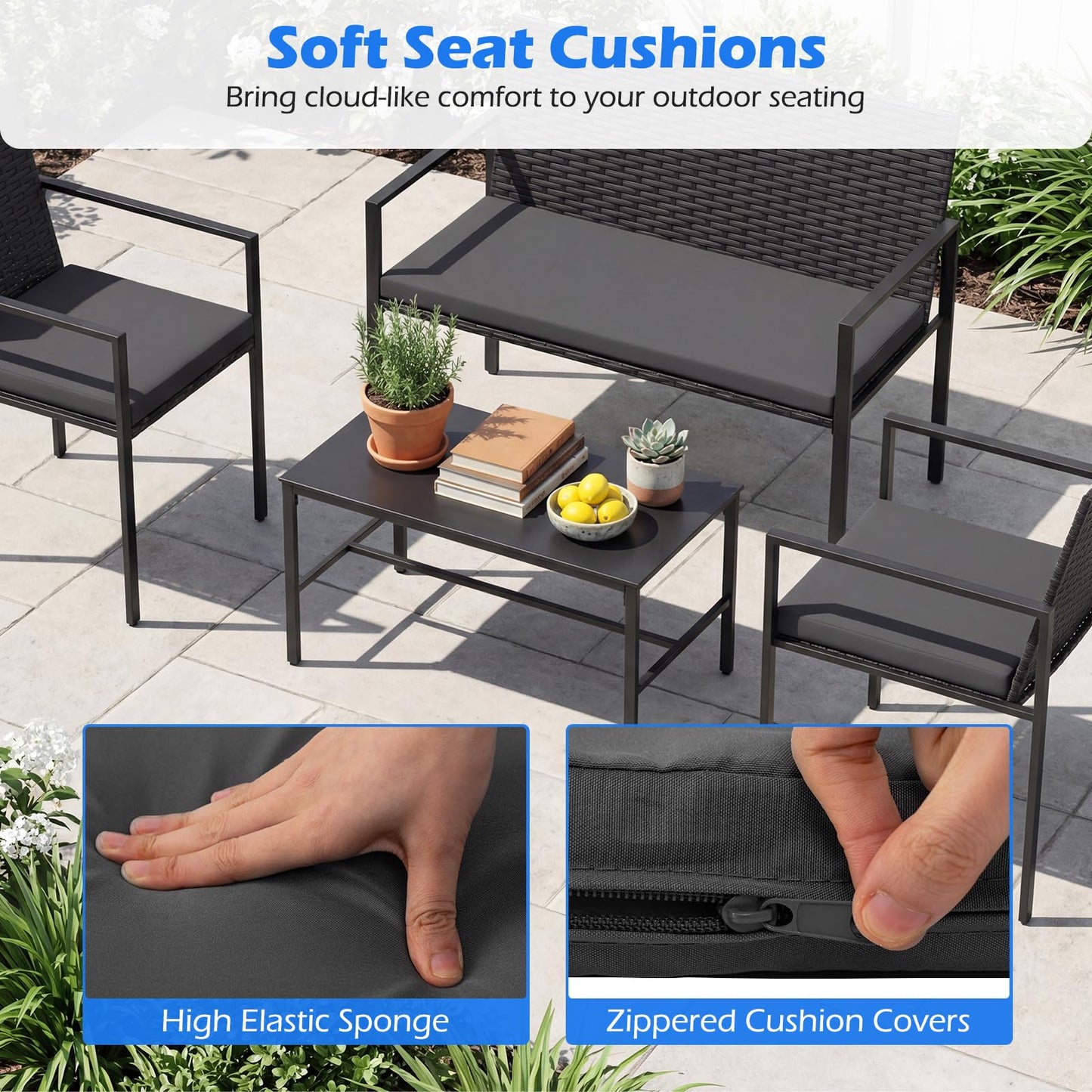 4-Piece Rattan Garden Furniture Set, Patio Conversation Set with Loveseat