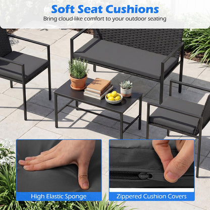 4-Piece Rattan Garden Furniture Set, Patio Conversation Set with Loveseat