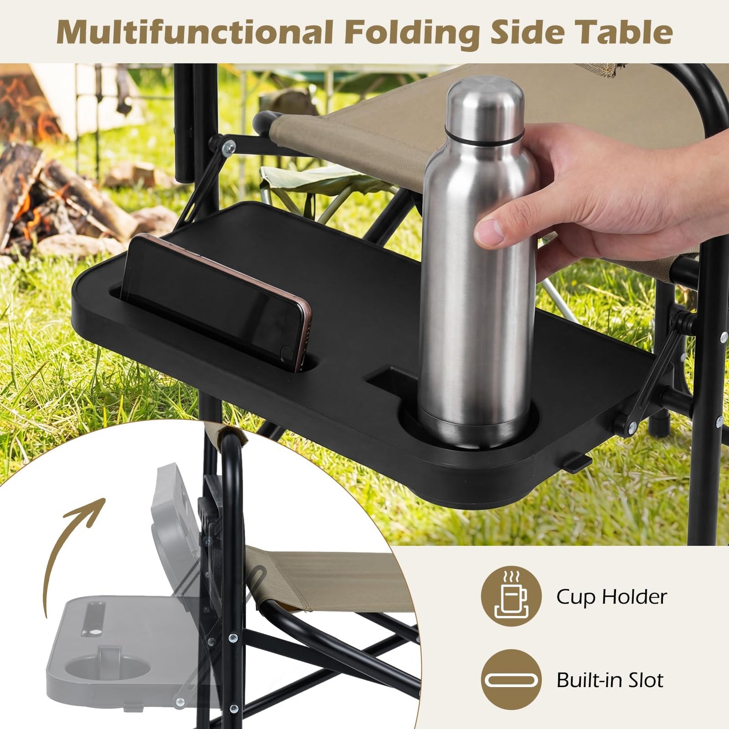 Folding Directors Chair, Oversized Camping Chairs with Side Table and Cup Holder