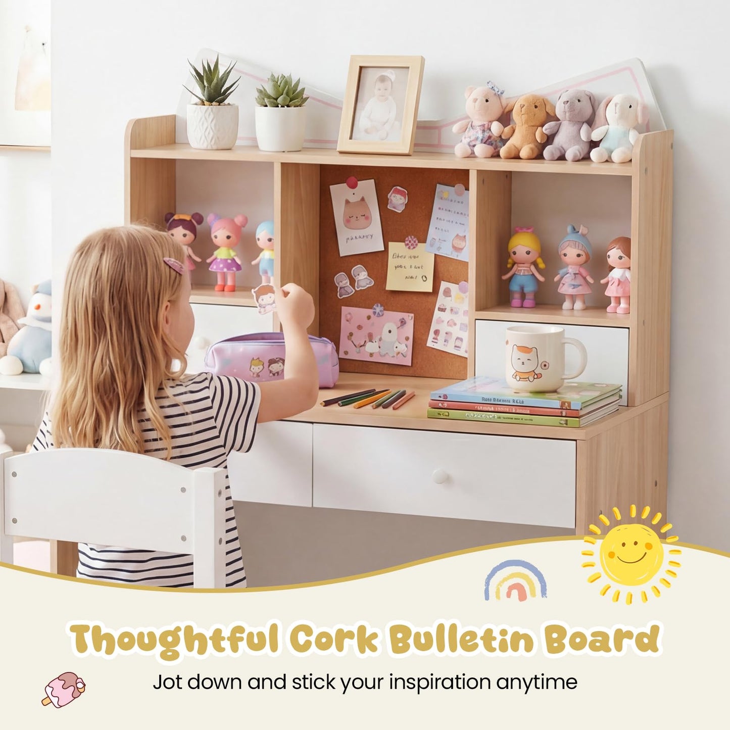 Kids Desk and Chair Set, Wooden Student Study Table with Drawers