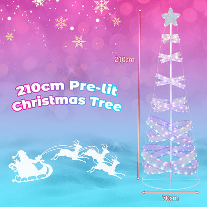 210 cm Outdoor Spiral Pre-lit Christmas Tree with Collapsible Color Lights
