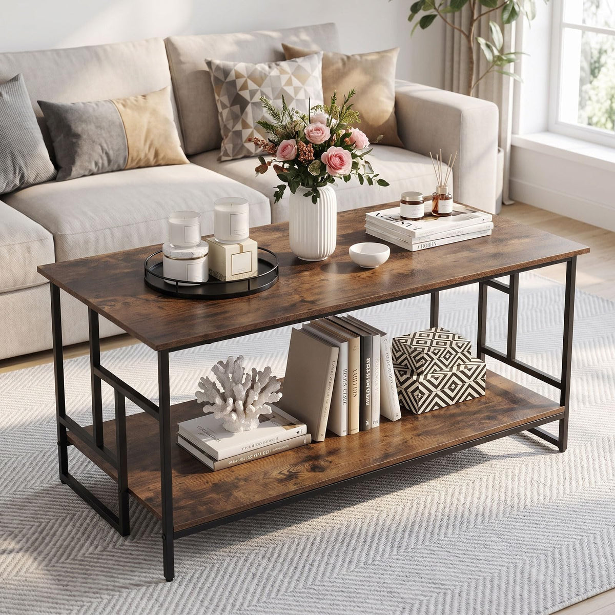 2-Tier Rectangle Coffee Table, Wooden Center Table