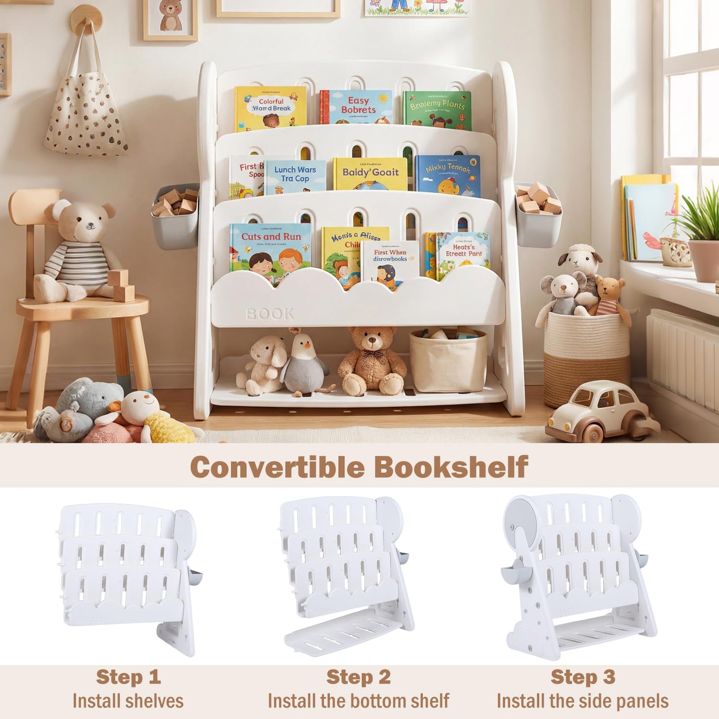 4-Tier Kids Bookshelf with Side Storage Boxes and Reversible Bottom Shelf