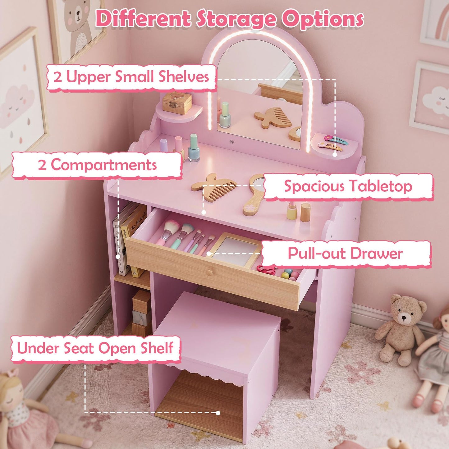 Kids Vanity with Lights and Storage Drawer with Chair for Ages 3+