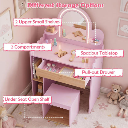 Kids Vanity with Lights and Storage Drawer with Chair for Ages 3+