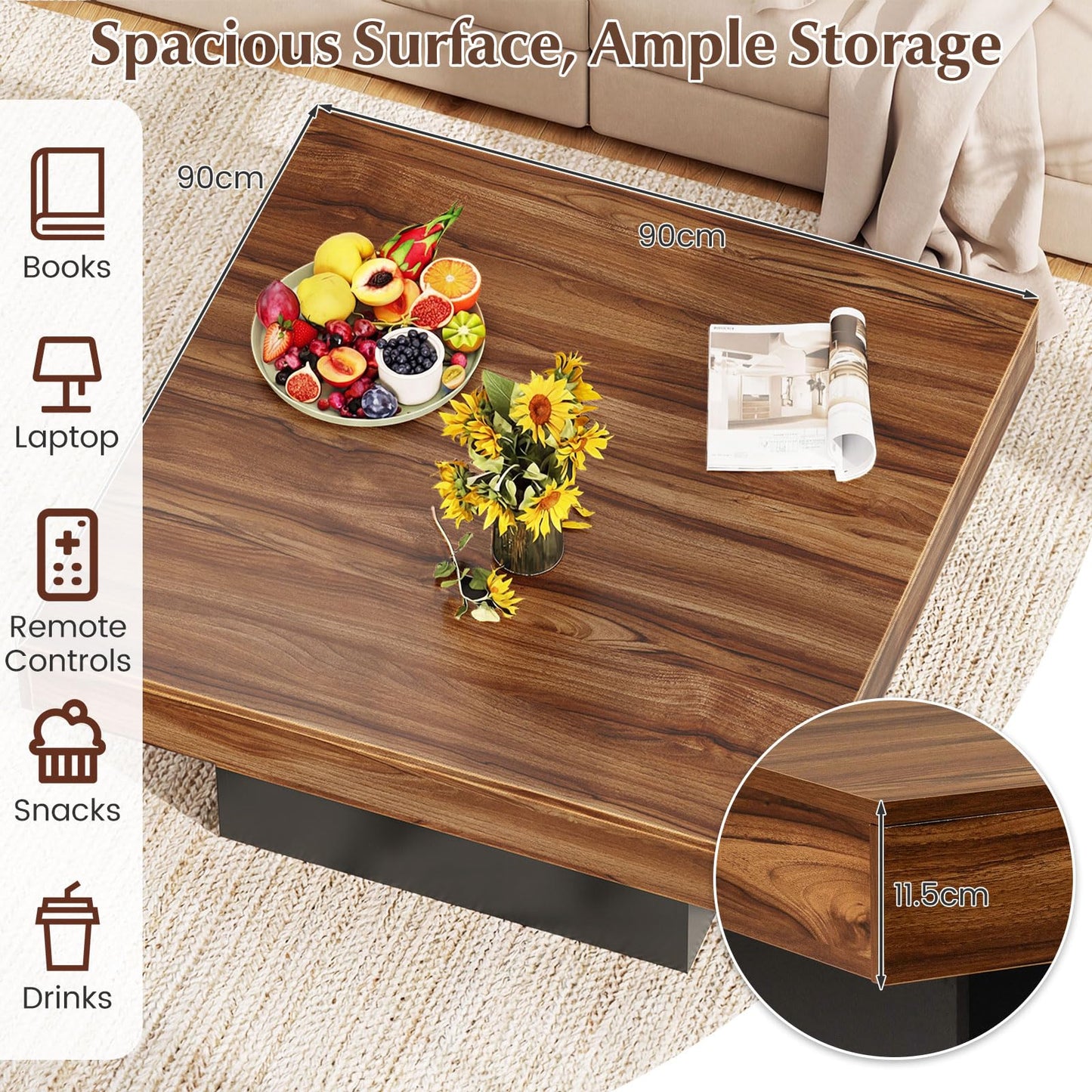 LED Coffee Table, 90x90cm Square Cocktail Center Table with 20-Color RGB LED Lights