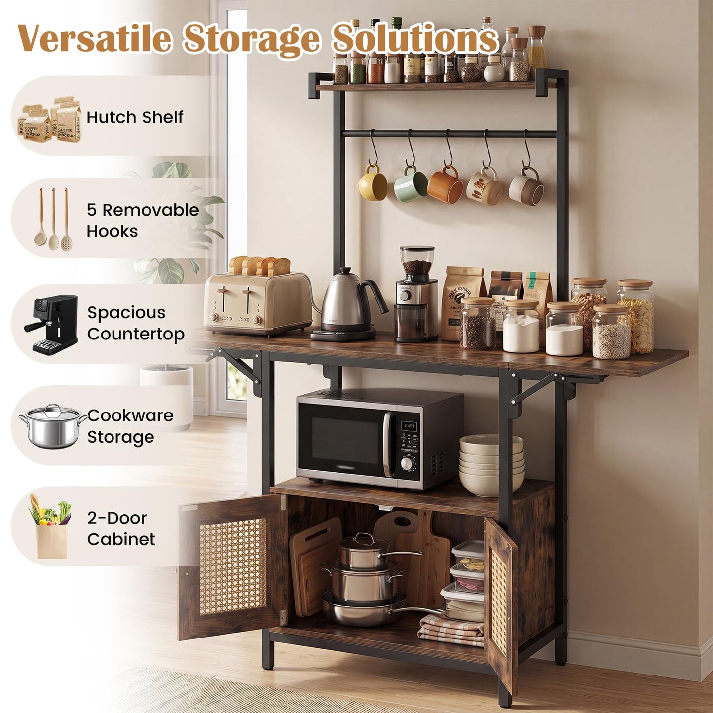 Kitchen Bakers Rack with Drop Leaf, Power Outlet & Rattan Doors