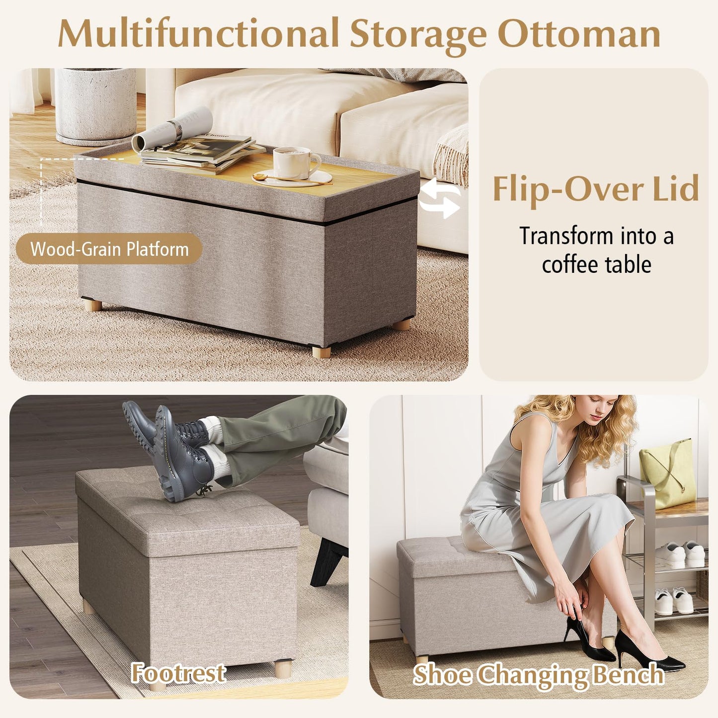 Linen Fabric Storage Ottoman Bench with Tray and Rubber Wood Legs