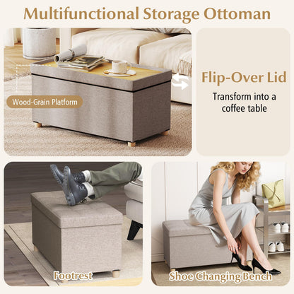 Linen Fabric Storage Ottoman Bench with Tray and Rubber Wood Legs