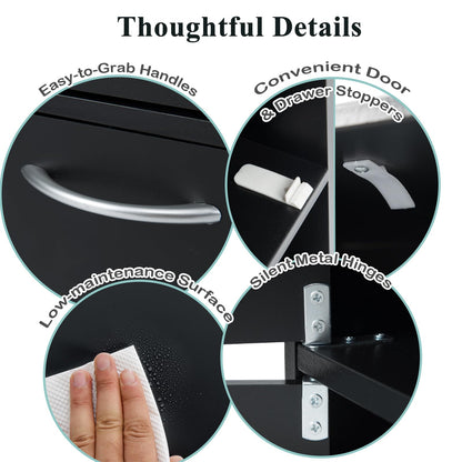 Kid's Study Desk and Chair Set with Deep Drawer and Enclosed Cabinets