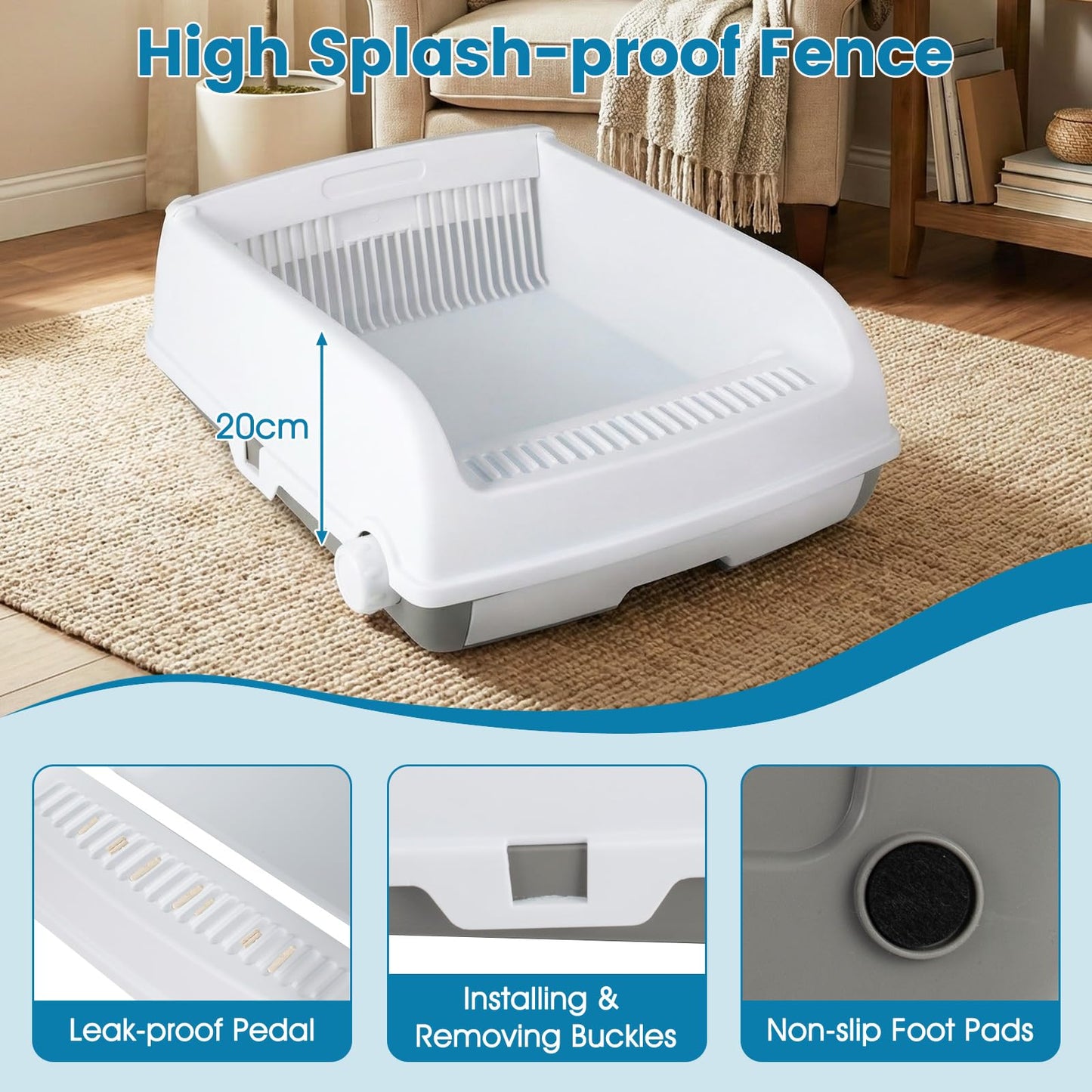 Cat Litter Box, Semi-auto Splash-proof Cat Toilet with Drawer-type Potty Tray