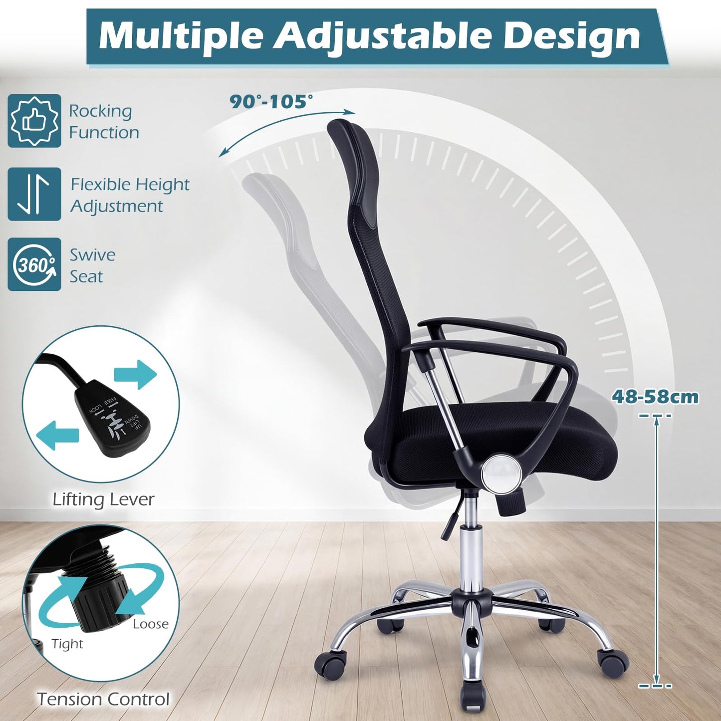 Mesh Office Chair, Height Adjustable Ergonomic Computer Desk Chairs with Casters