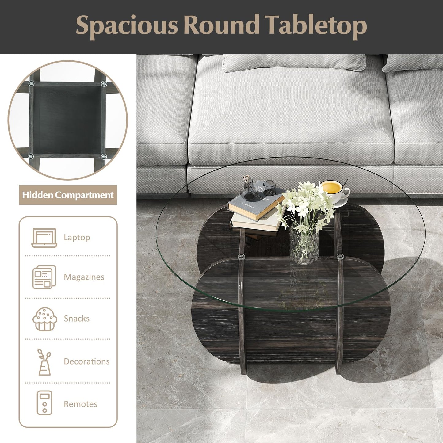 89cm Round Coffee Table Modern Accent Table with Tempered Glass Top