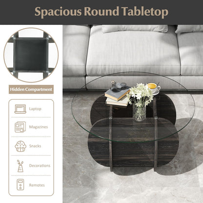 89cm Round Coffee Table Modern Accent Table with Tempered Glass Top
