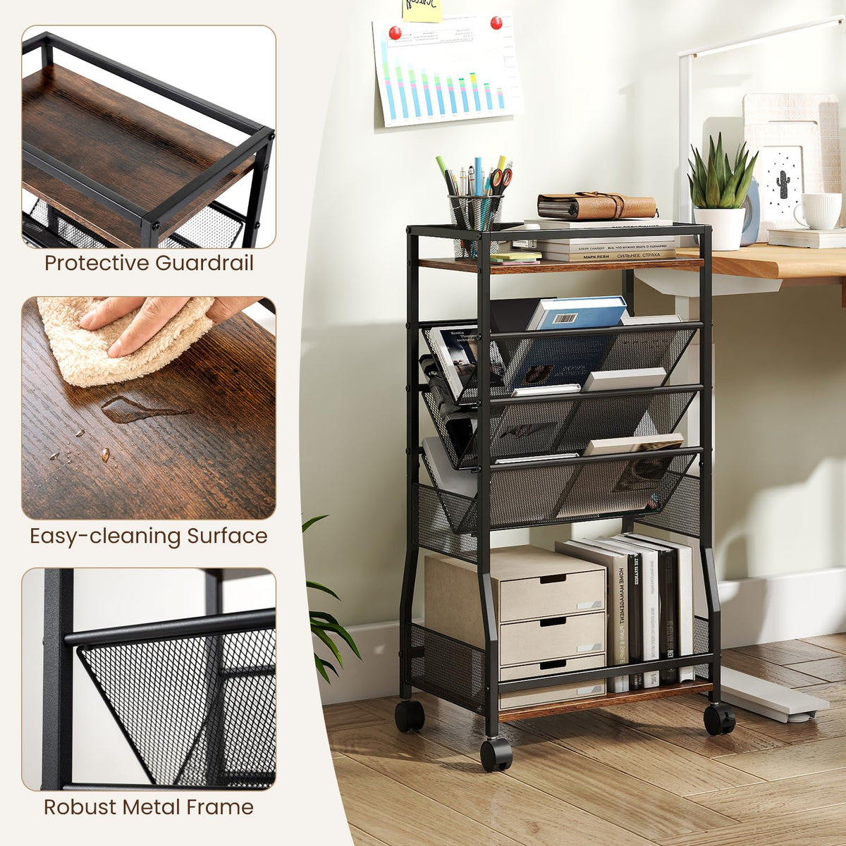 Rolling File Utility Cart with 3 Slanted Side Shelves and Lockable Wheels