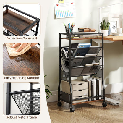 Rolling File Utility Cart with 3 Slanted Side Shelves and Lockable Wheels