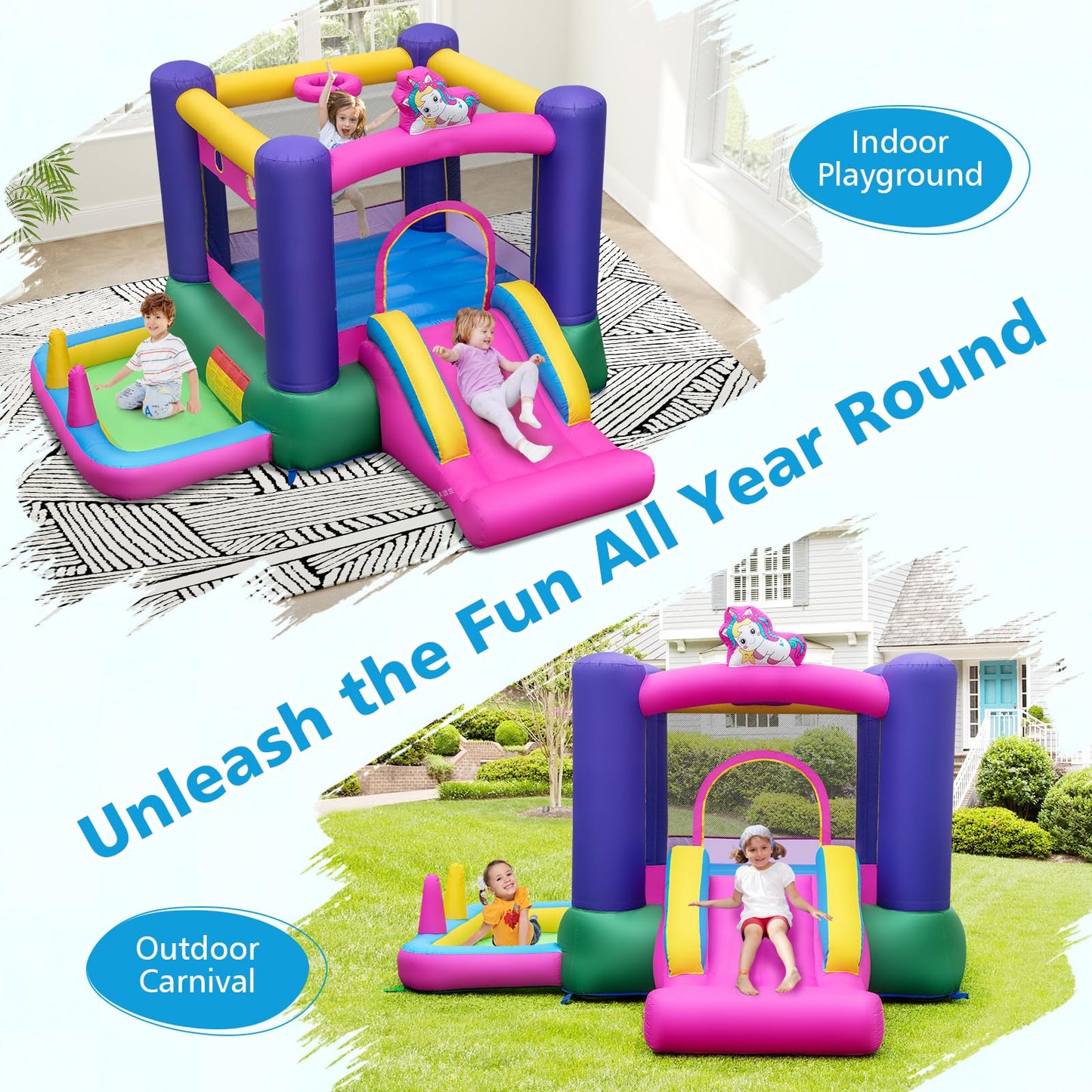 Kids Bouncy Castle, Inflatable Bounce House with Slide, Ball Pit