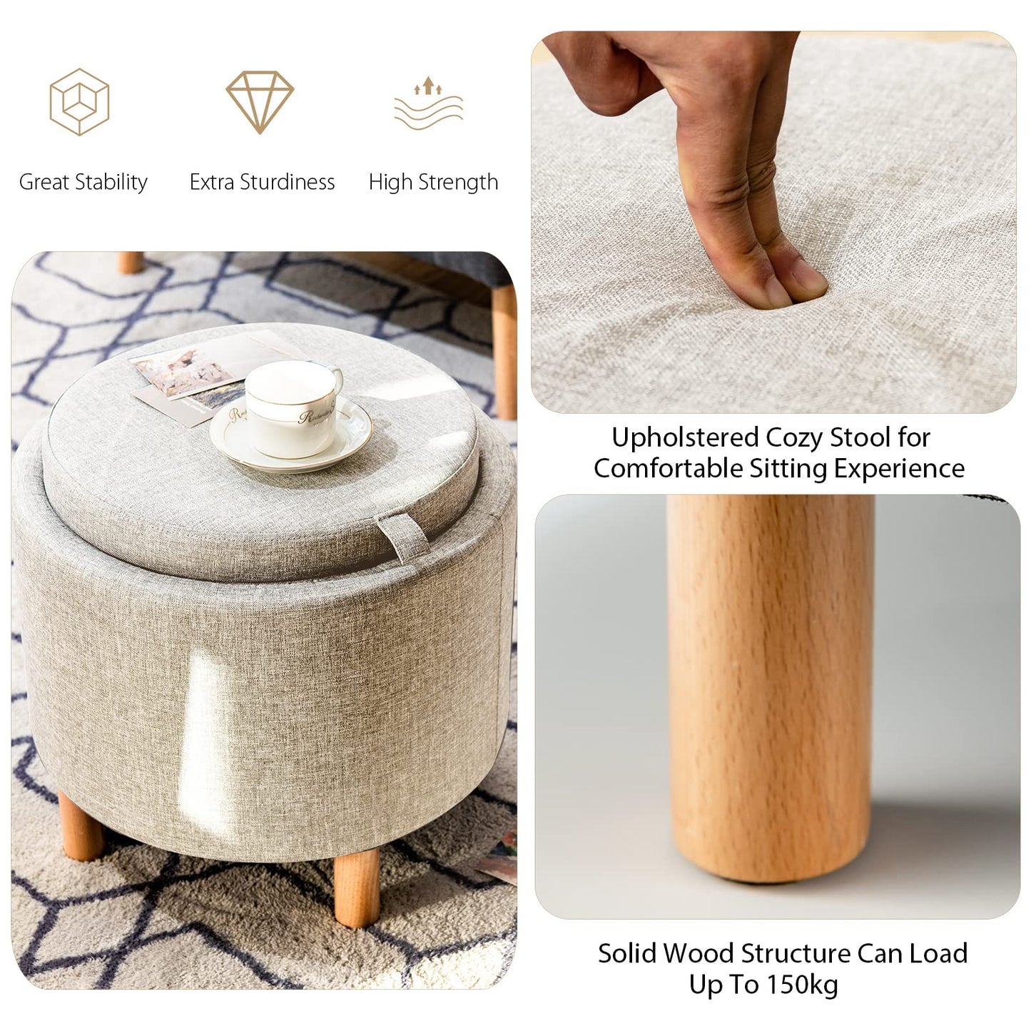 Modern Round Padded Storage Ottoman with Hidden Storage Space