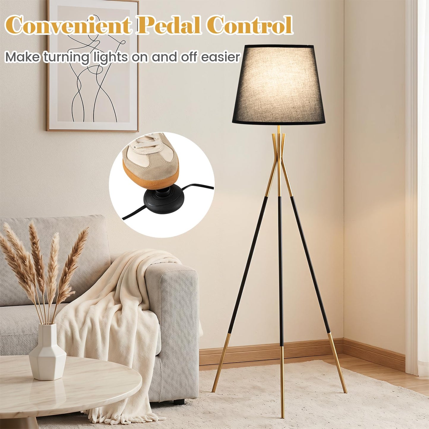 Modern Metal Tripod Floor Lamp with Fabric Shade & Foot Switch