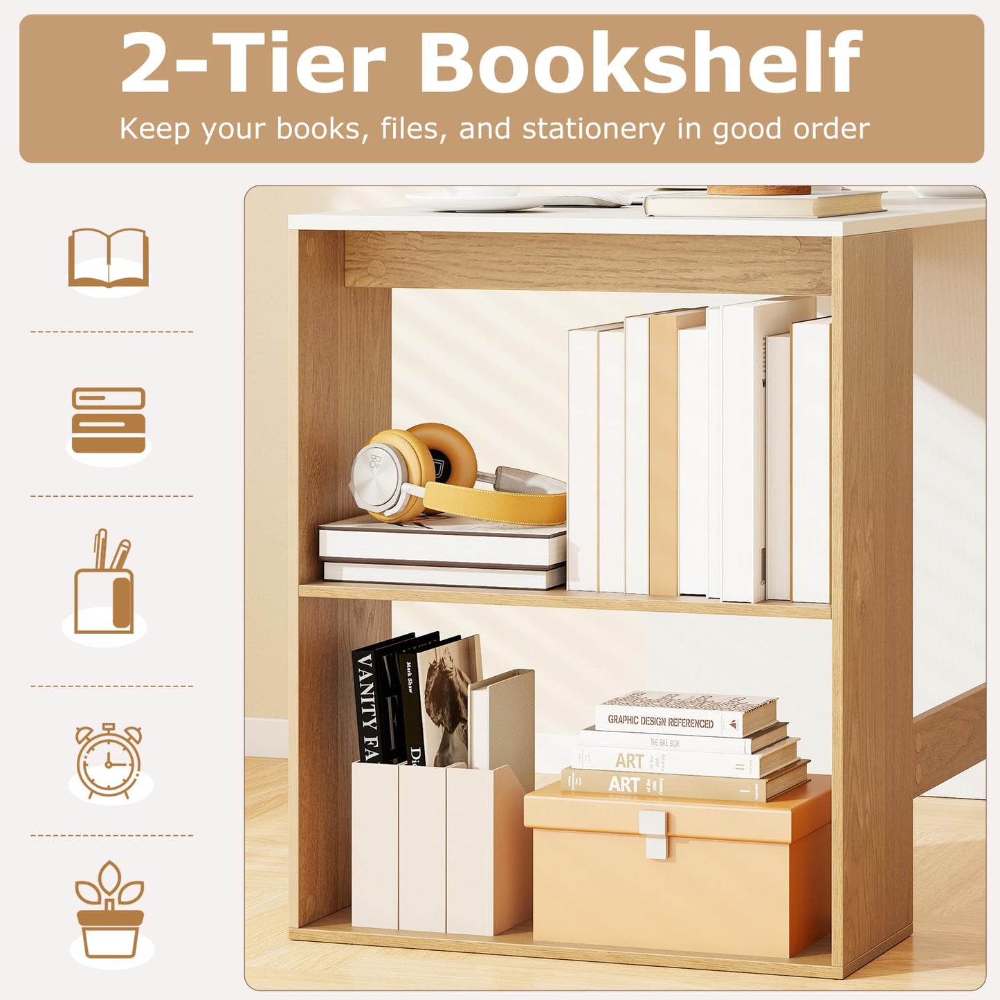 Modern Wooden Office Desk with Storage and 2 Open Shelves