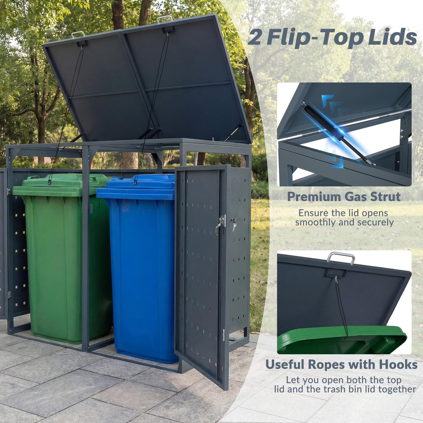 Double Wheelie Bin Storage, 240L Metal Garden Bin Hideaway with Gas Struts