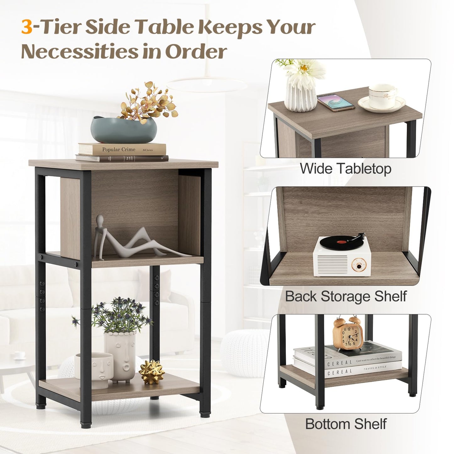 3-Tier Nightstand with Storage Shelf for Small Spaces