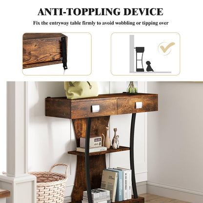 T-Shaped Foyer Console Table for Small Space with Dual Drawers