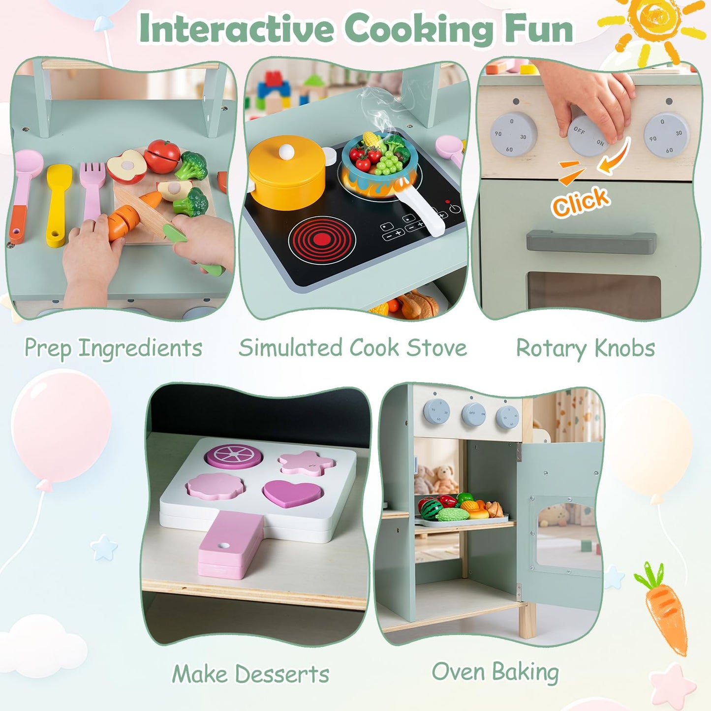 Kids Play Kitchen, Wooden Toy Kitchen with Stoves, Oven, Chalkboard