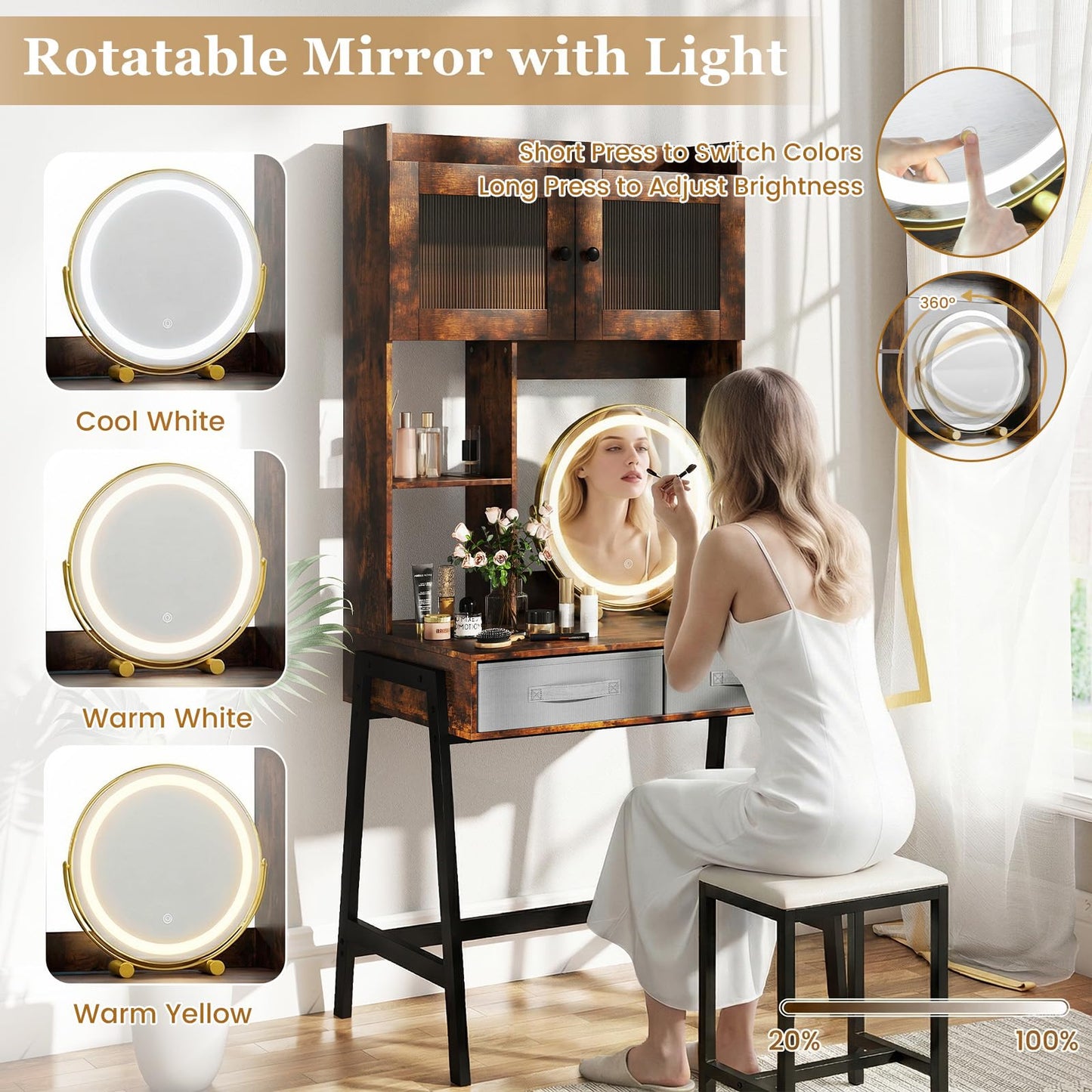 Dressing Table with 360° Rotation LED Vanity Mirror, Makeup Table Vanity Desk