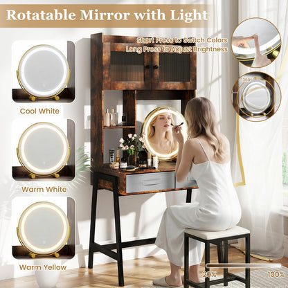 Dressing Table with 360° Rotation LED Vanity Mirror, Makeup Table Vanity Desk