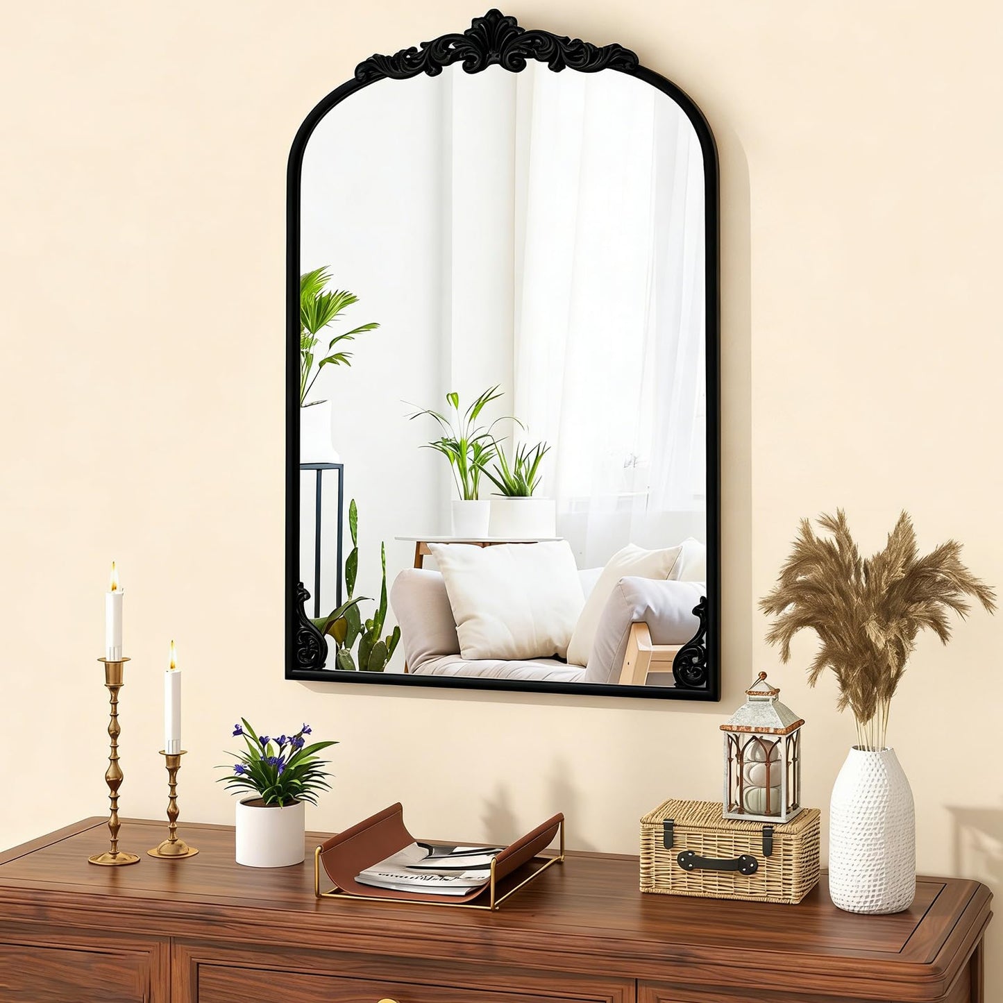 Dramatic Arched Wall Mirror with Baroque Ornate Frame