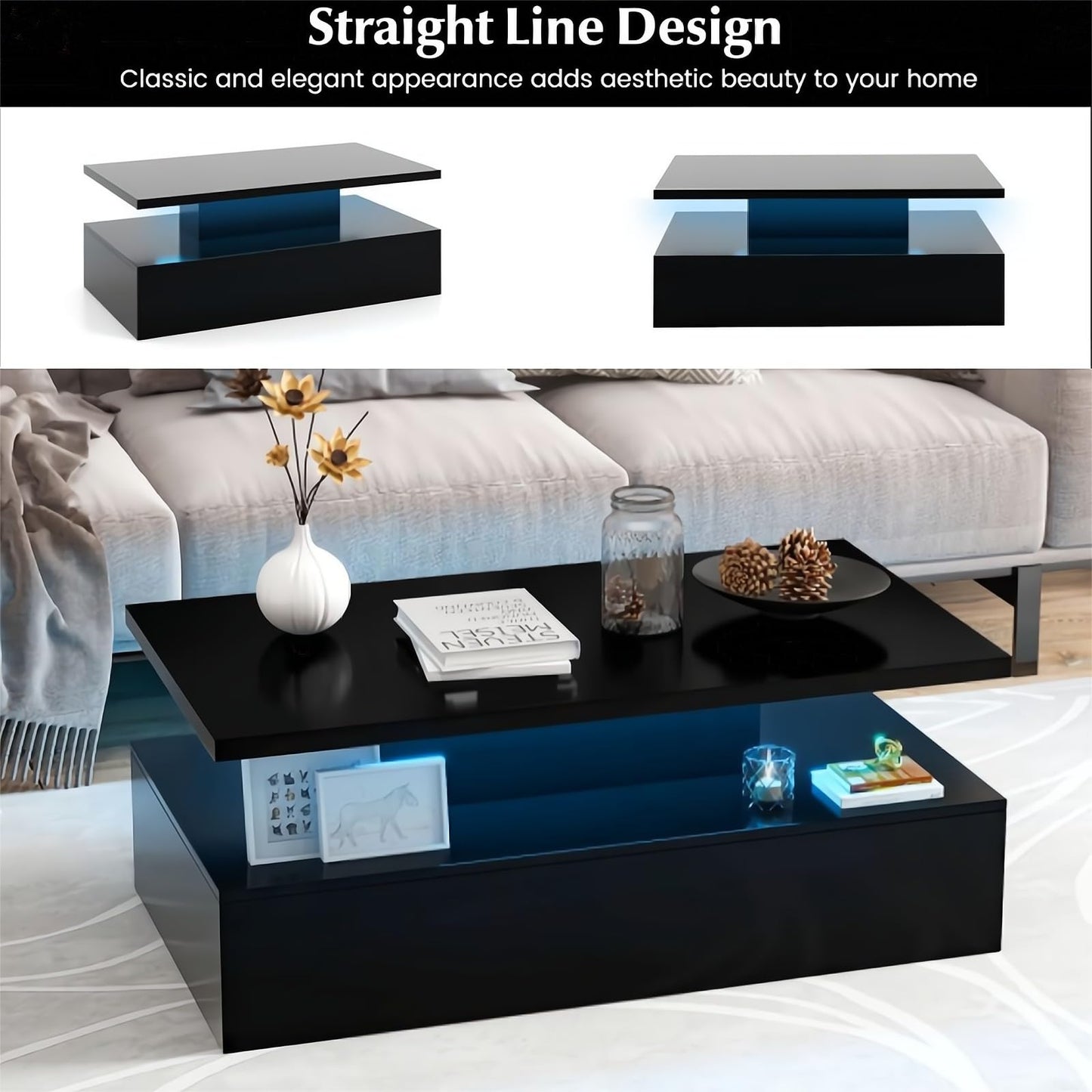 LED Coffee Table, 2 Tier Cocktail Center Table with Adjustable Light Colors