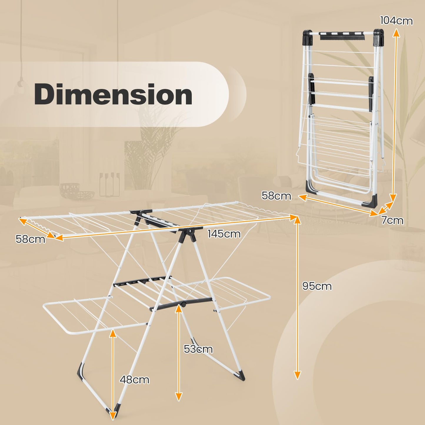 Foldable 2 level Laundry Drying Rack with Adjustable Wings and Clips