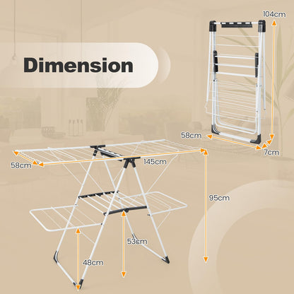 Foldable 2 level Laundry Drying Rack with Adjustable Wings and Clips
