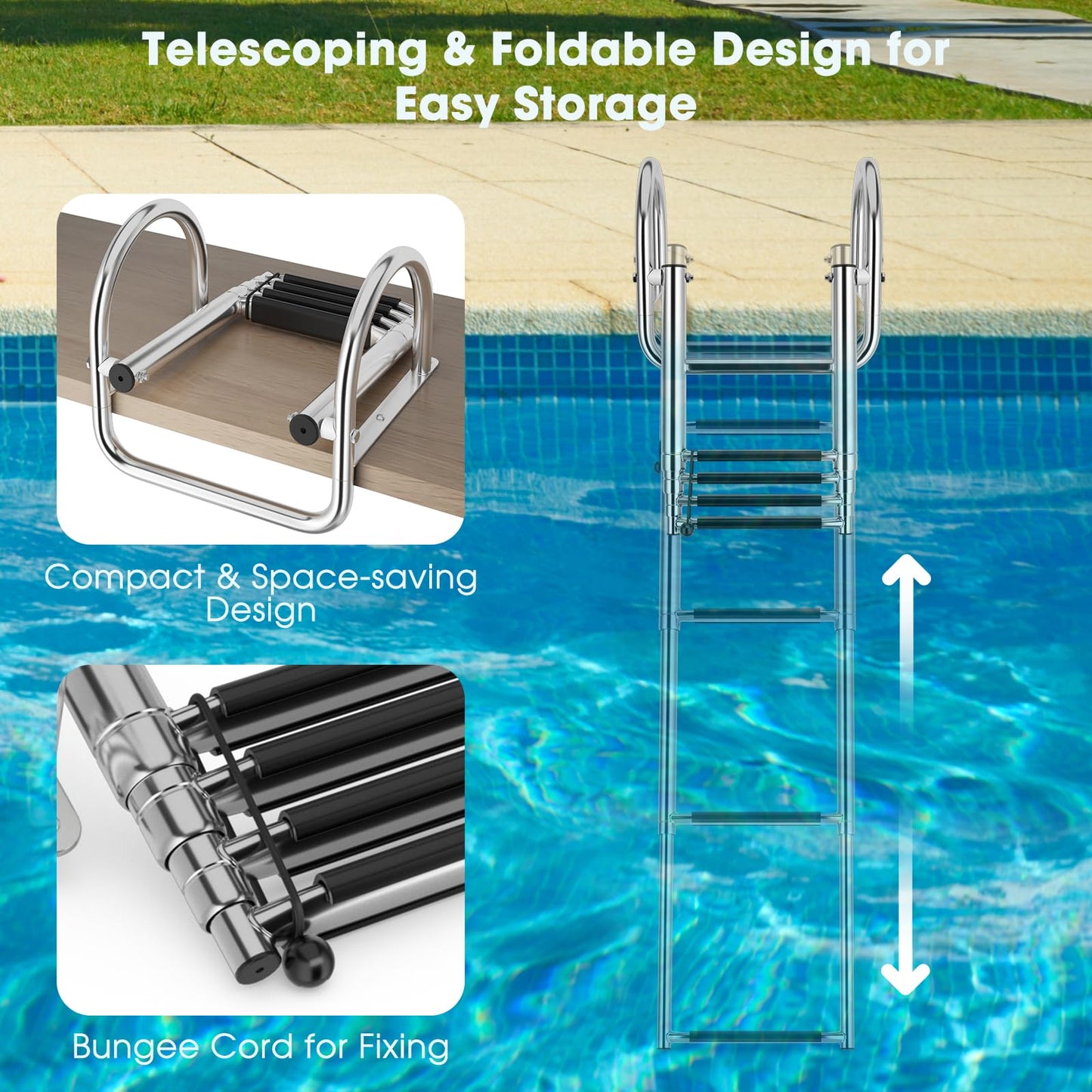 4-Step Telescoping Boat Ladder, Folding Stainless Steel Swim Dock Ladder with Non-slip Steps
