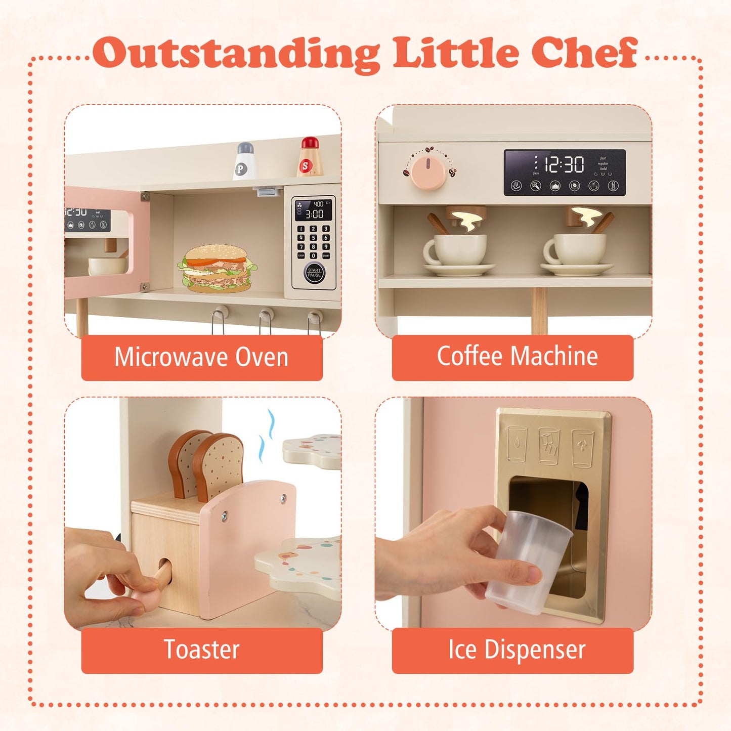 Kids Wooden Kitchen, Pretend Play Kitchen with Light, Sound, Sink & Faucet