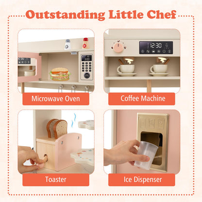 Kids Wooden Kitchen, Pretend Play Kitchen with Light, Sound, Sink & Faucet