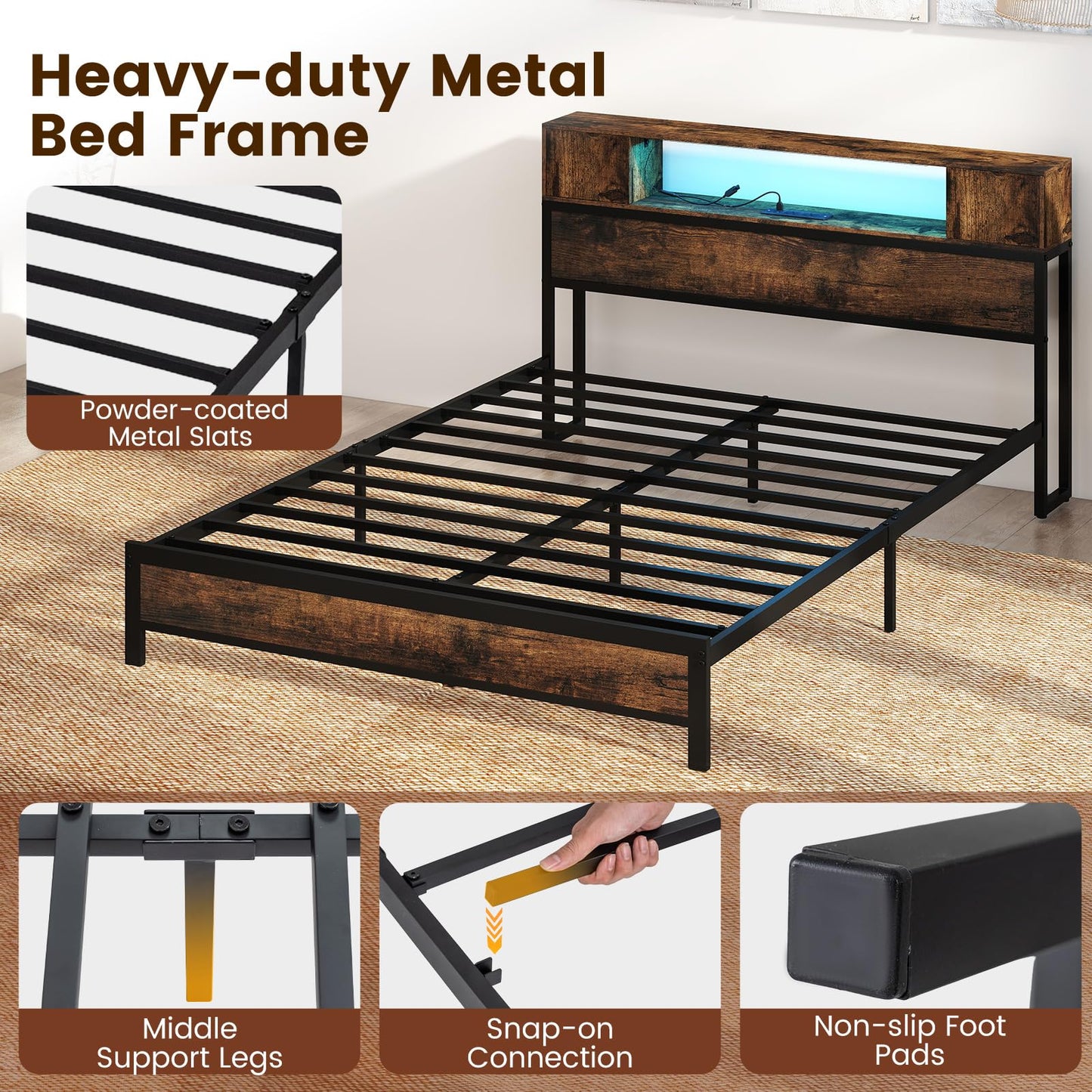 Double Metal Bed Frame with LED Lights, Charging Station
