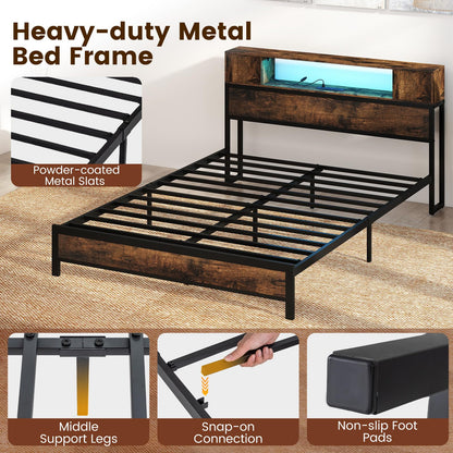 Double Metal Bed Frame with LED Lights, Charging Station