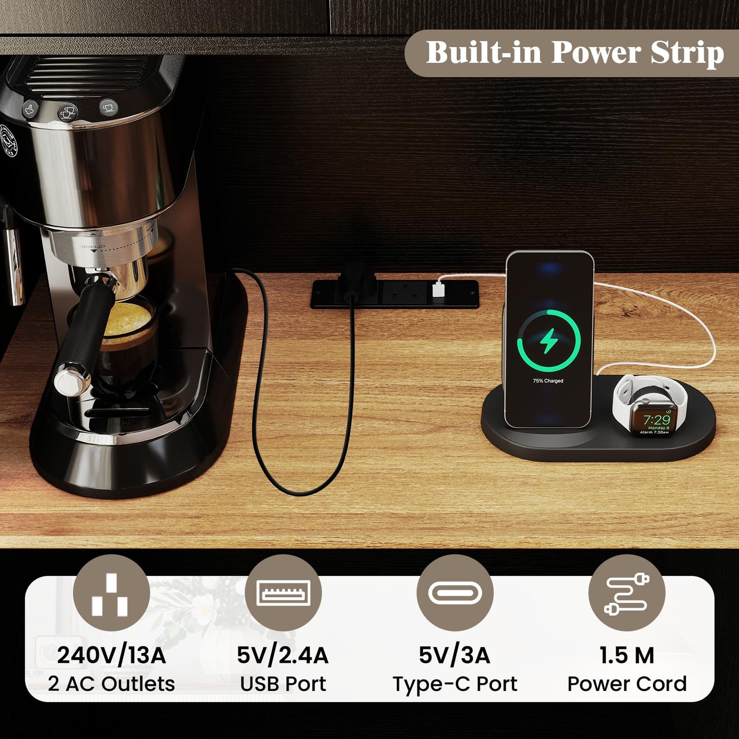 180 cm Tall Pantry Cabinet with Power Outlet and Microwave Stand