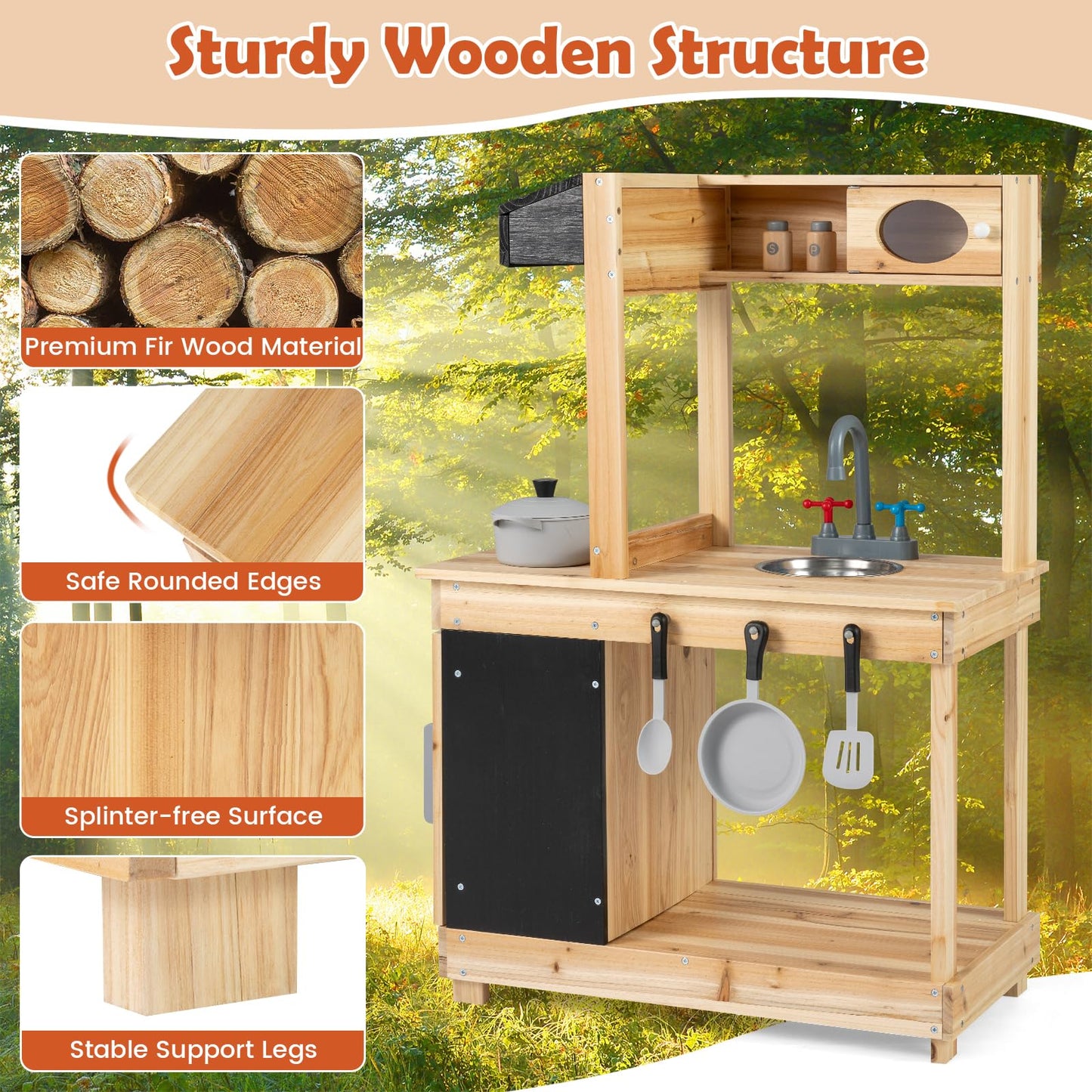 Kids Mud Kitchen with Stoves, Sink, Faucet, Cooking Accessories