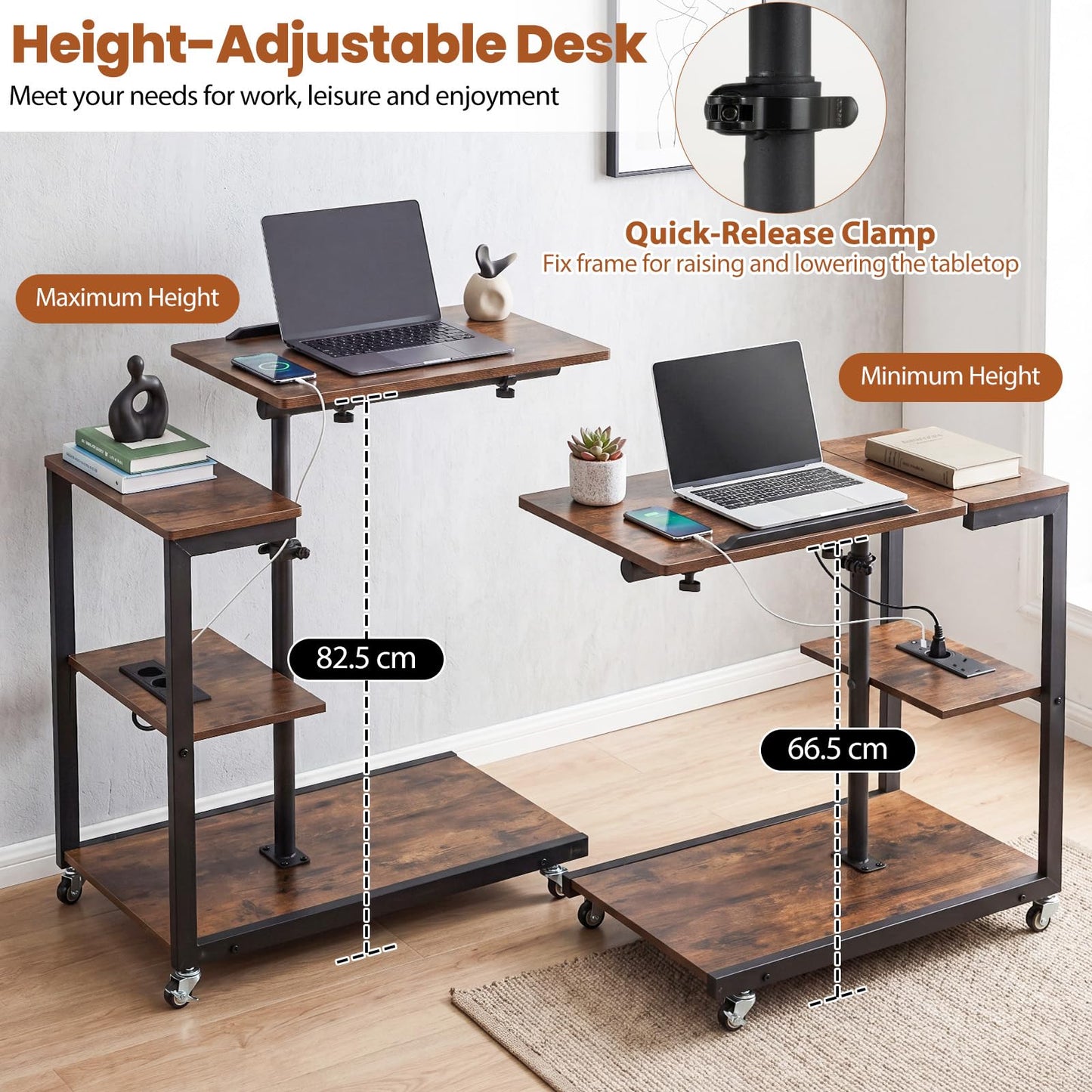 Height Adjustable C-Shaped Side Table with Charging Station, Wheels