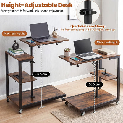 Height Adjustable C-Shaped Side Table with Charging Station, Wheels