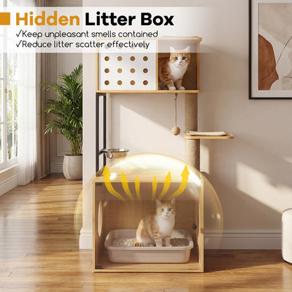 117.5 cm Modern Cat Tower Cabinet with Sisal Scratching Posts and Hanging Ball