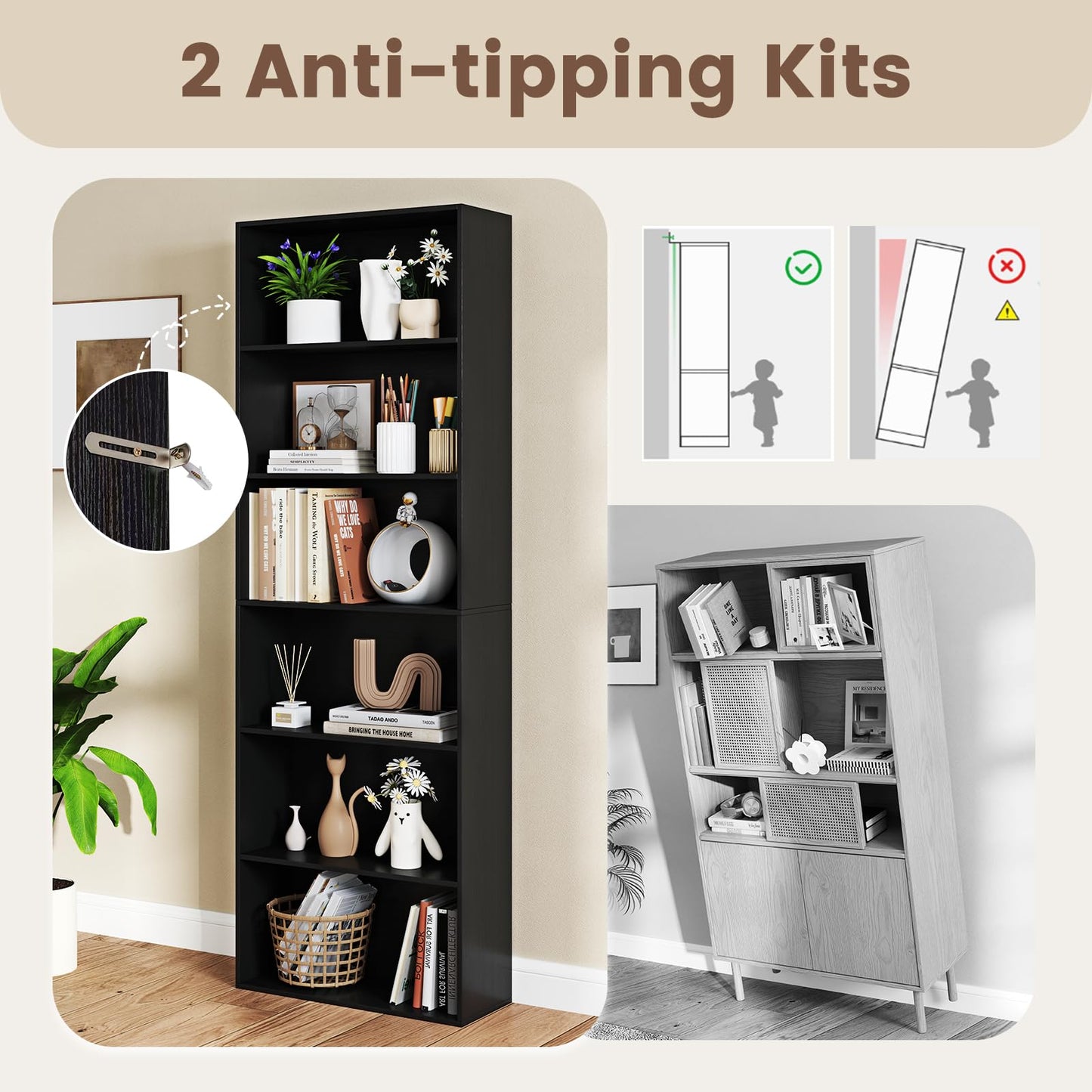 60 x 24 x 178 cm Floor Standing Book Storage Organizer with 2 Anti-tipping Kits